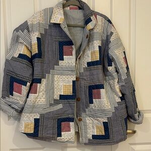 Patchwork Quilted Jacket in Navy, Cream, Yellow & Red. Reversible style.